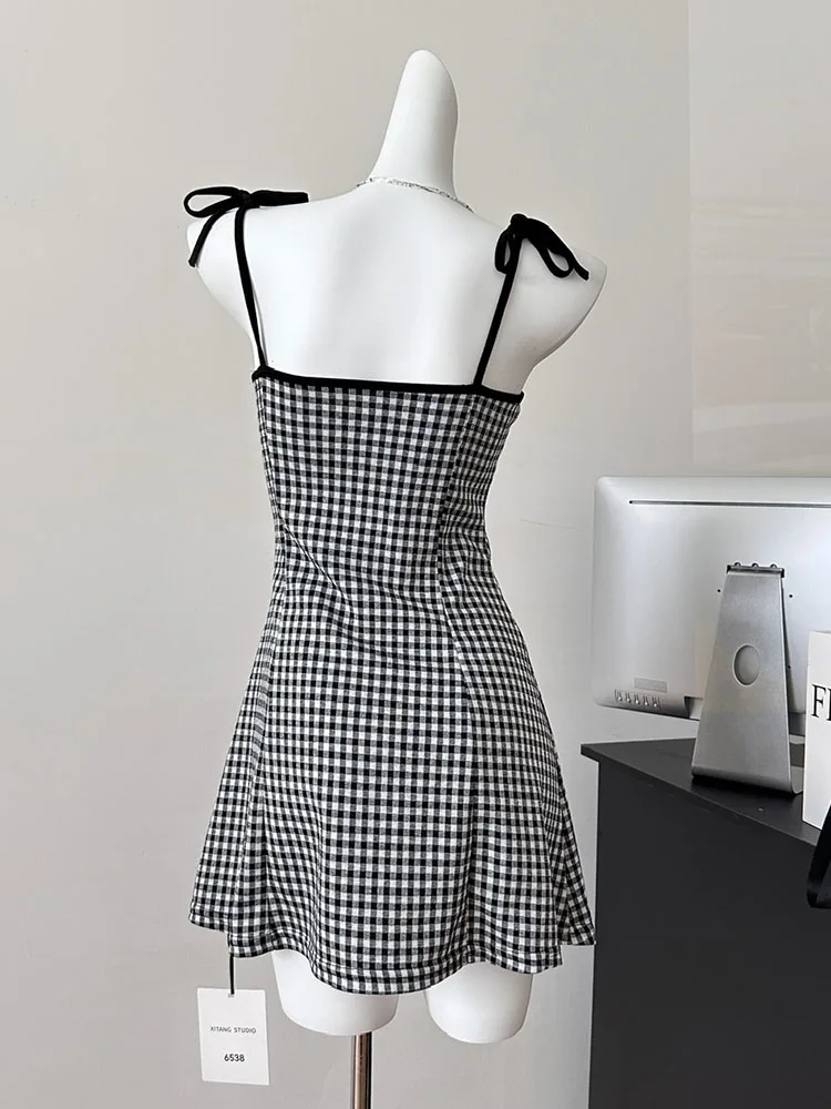 Japanese Fashion One-Piece Frocks Sleeveless Off Shoulder Women Basic Plaid A-Line Dress Office Lady Sundress Elegant New Design