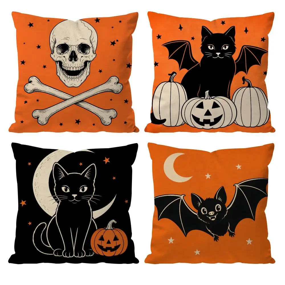 Halloween Black CatS Skeleton Cushion Cover Double-Sided Plush Sofa Cushion Covers Organic Breathable Invisible Zipper