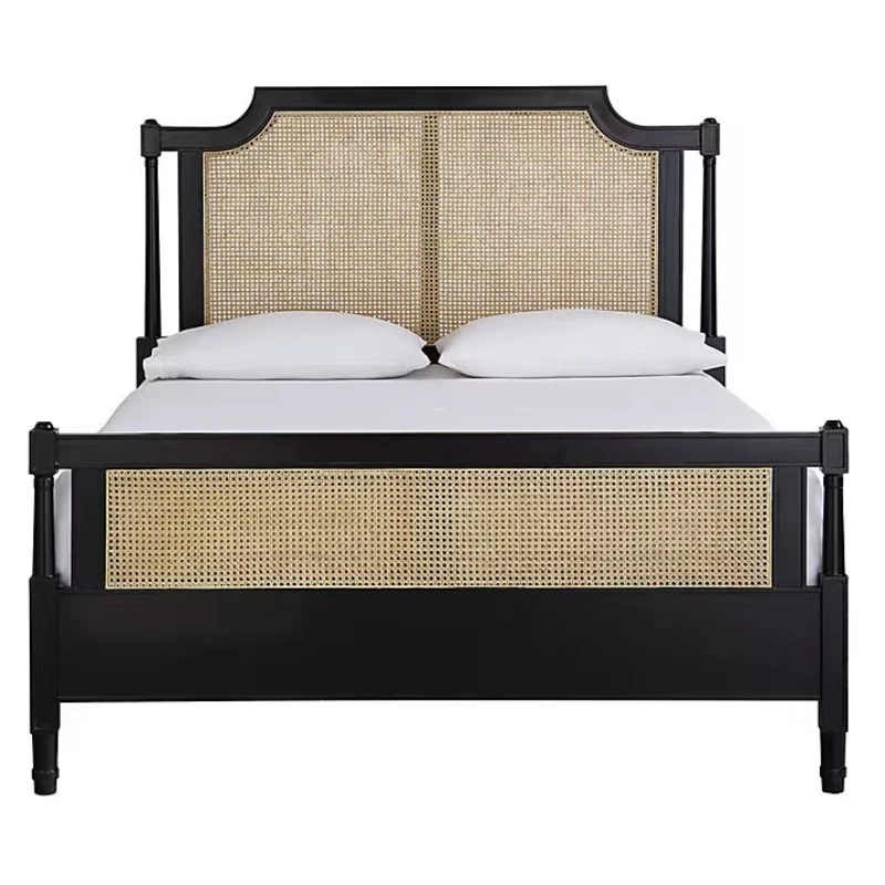 Solid wood rattan bed frame retro bedside board bed bedroom furniture queen wooden bed