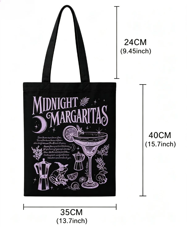Vintage Midnight Margarita Canvas Handbag with Witch Frog Moon Pattern Reusable Shopping Bag