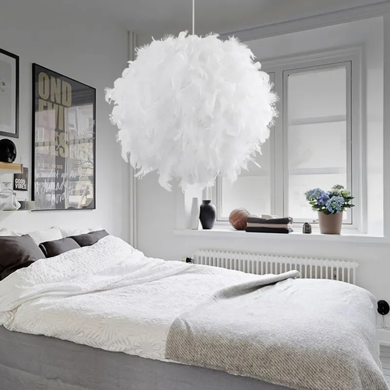 Spherical Creative Hanging Lamp Fashion Simple White Feather Ball Lighting Chandelier  Bedroom Children's Room Decoration Living