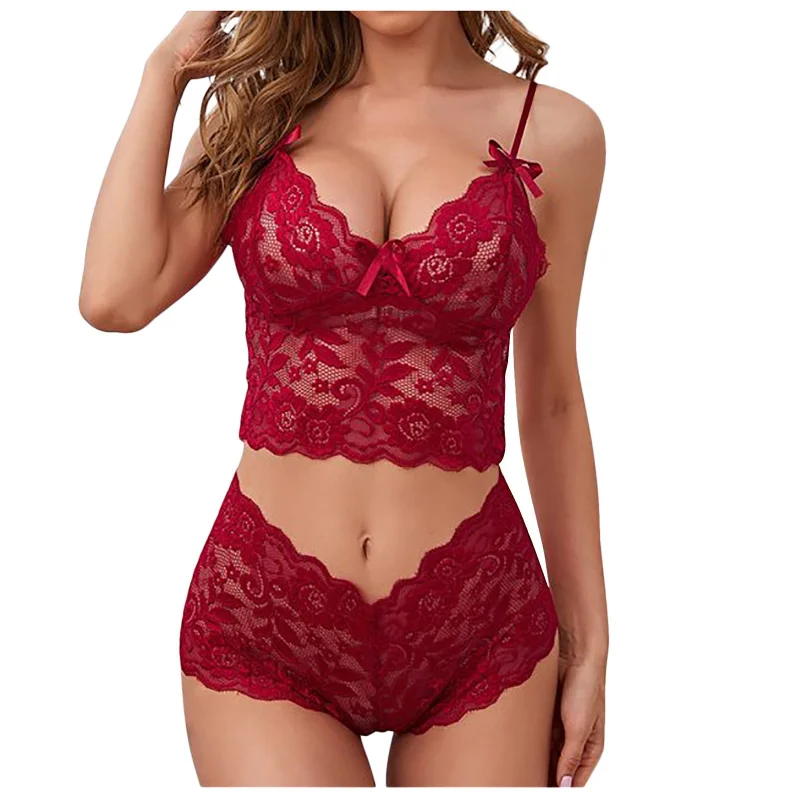 

Sexy Women Sleepwear Briefs Set Lace Hollow Bra Set Deep V Solid Color Underwear Female Sheer Suspenders Intimates Bras Ladies