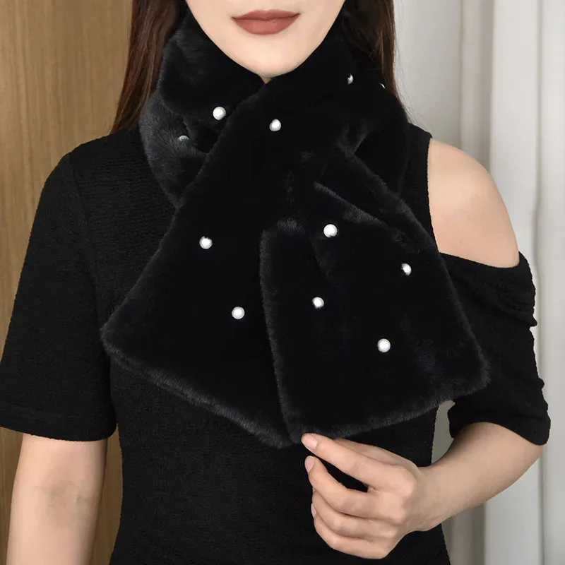 

Korean Solid Double Sided Faux Rabbit Fur Thick Plush Shawl Female Winter Oudoor Windproof Pearl Cross Neck Guard Warm Scarf