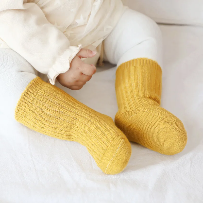 Spring Autumn Baby Socks Children\'s Elastic Mid-tube Sock Cute Solid Color Pit Pattern To Keep Warm Infant Clothes Accessories