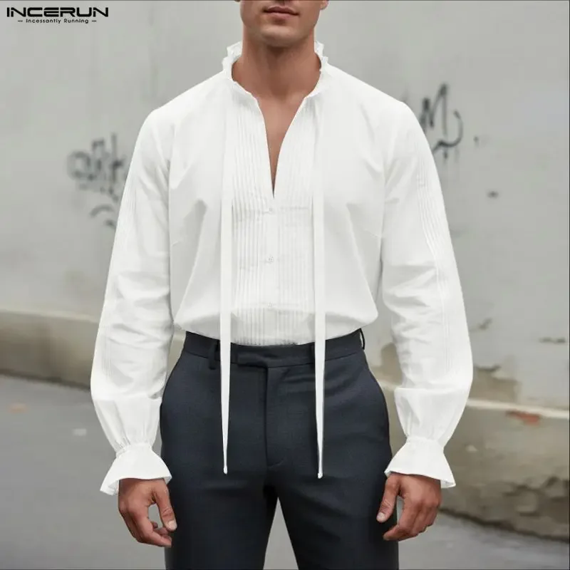 INCERUN Men Shirt Solid Color Pleated Ruffle Long Sleeve Casual Men Clothing Camisas Streetwear Elegant 2026 Fashion Male Tops