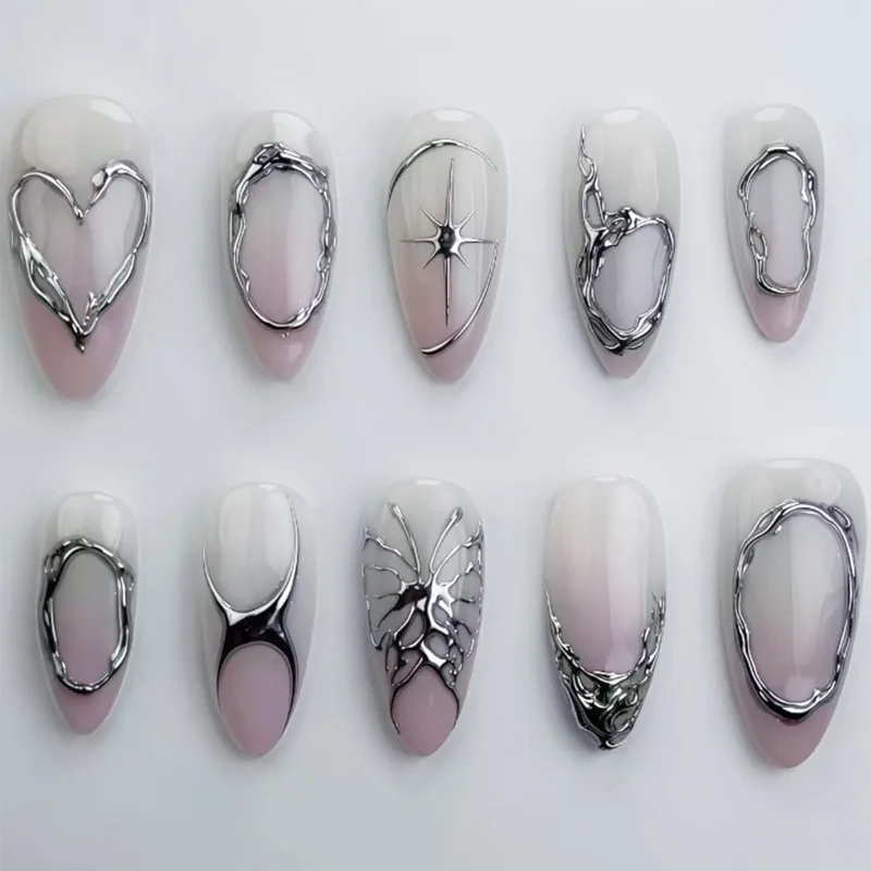 

24pcs Holiday Press on Nails Set with Sticky Tabs 3D Silver Decorations False Nails Nail Tips Prosthetic Nail Set Paste Nails
