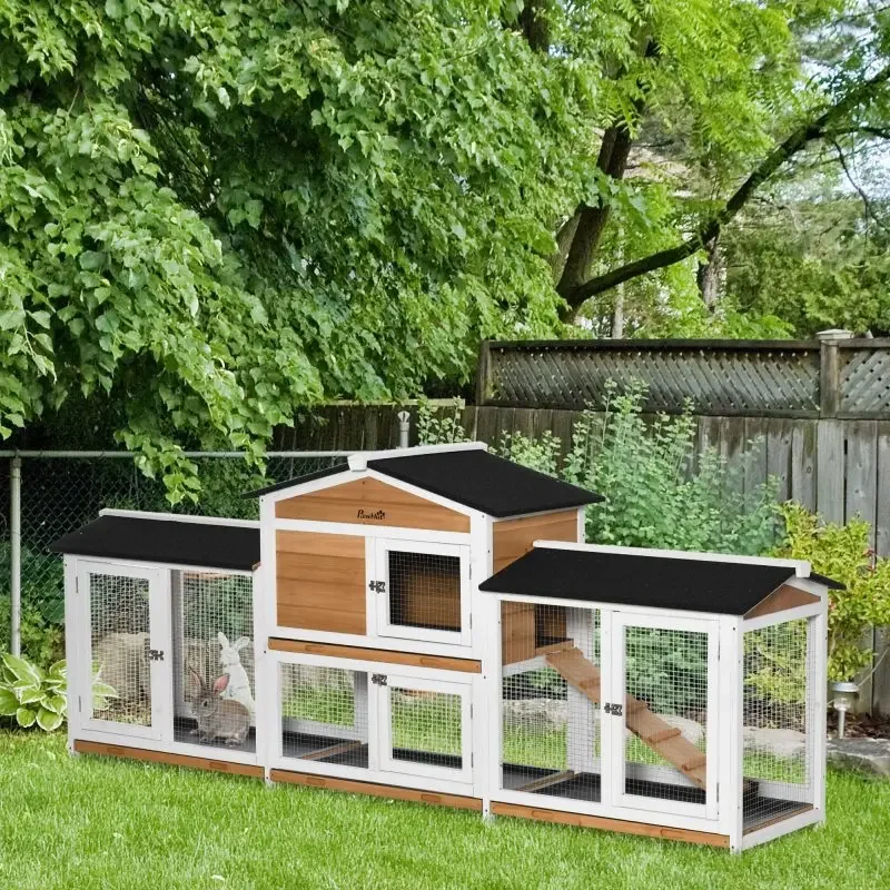 

90.5" Wooden Rabbit Hutch Pet Playpen House Enclosure with Double Side Run Boxes,for Guinea Pig and Small Animals, White