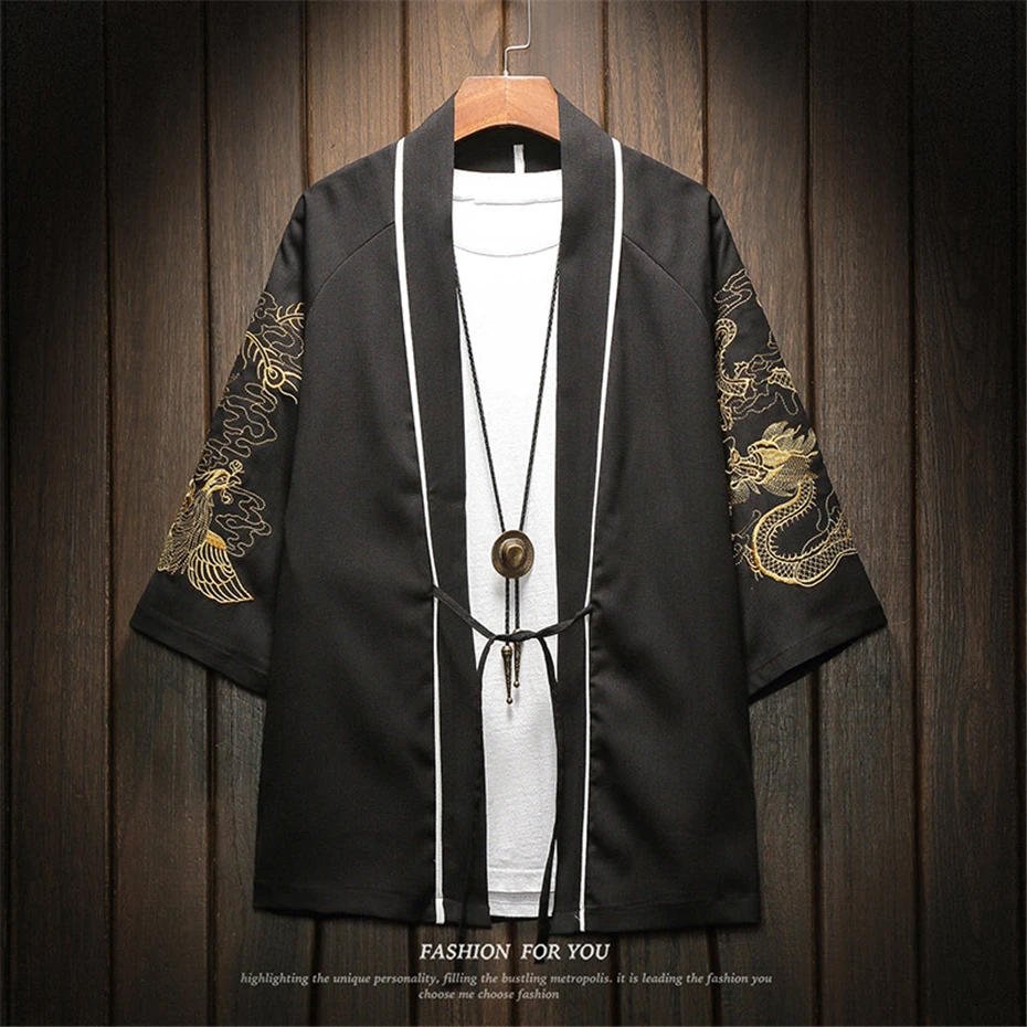 

Embroidered Kimono Shirts Men Summer Cardigan Shirt Chinese Style Open Stitch Shirts Kimono Male