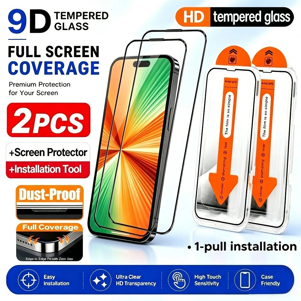

2Pcs High Clear Screen Protector for iPhone 17 16 15 14 Pro Max 17e 16e Air 13 12 11 Pro 15 14 Plus One Click Installation Glass