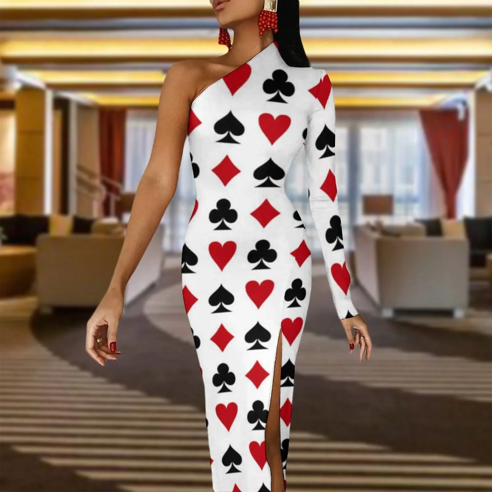 Poker Heart Side Split Bodycon Dress Woman Card Suits Poker Style Lucky Elegant Maxi Dress One Shoulder Party Dresses Present