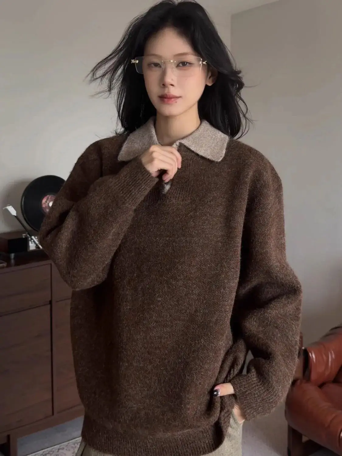 

American Collar Fake Retro Sweater Winter Loose Lazy Lapel Warm Knitted Sweater Top