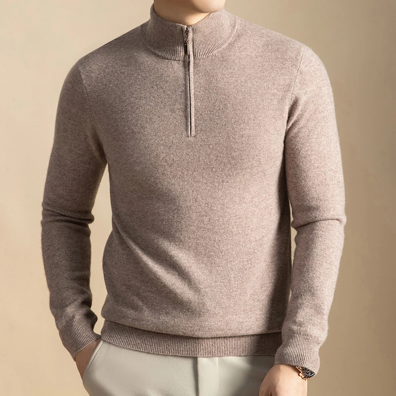 

Мужские топы из 100% овечьей шерсти, осень-зима 2025 г., кашемировая шерстяная одежда с воротником-стойкой, мужские шерстяные свитера на молнии с длинными рукавами, пуловеры