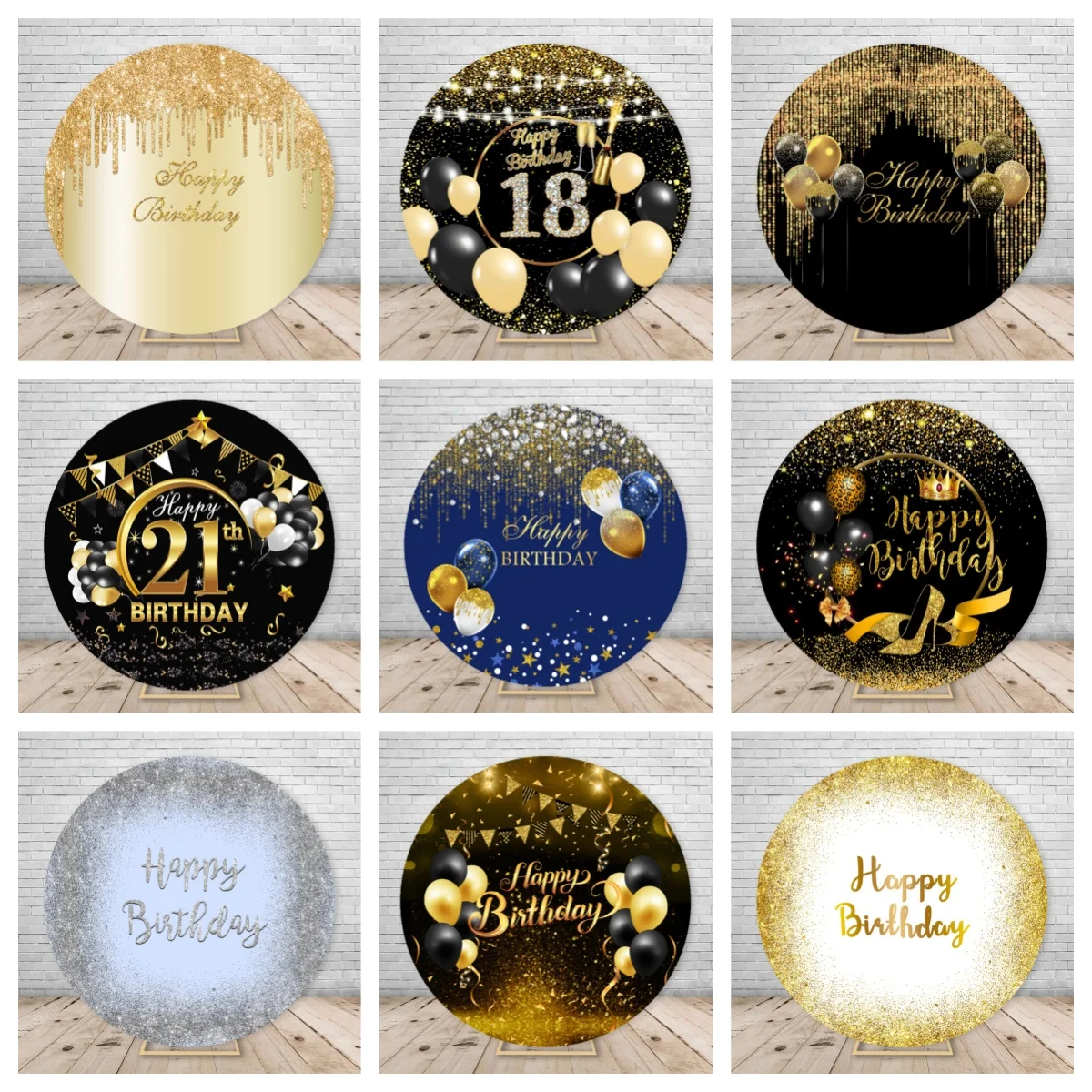 Adult Birthday Round Backdrop Cover Golden Glitter Balloon Name Custom Circle Photographic Background Baby Shower Photo Studio