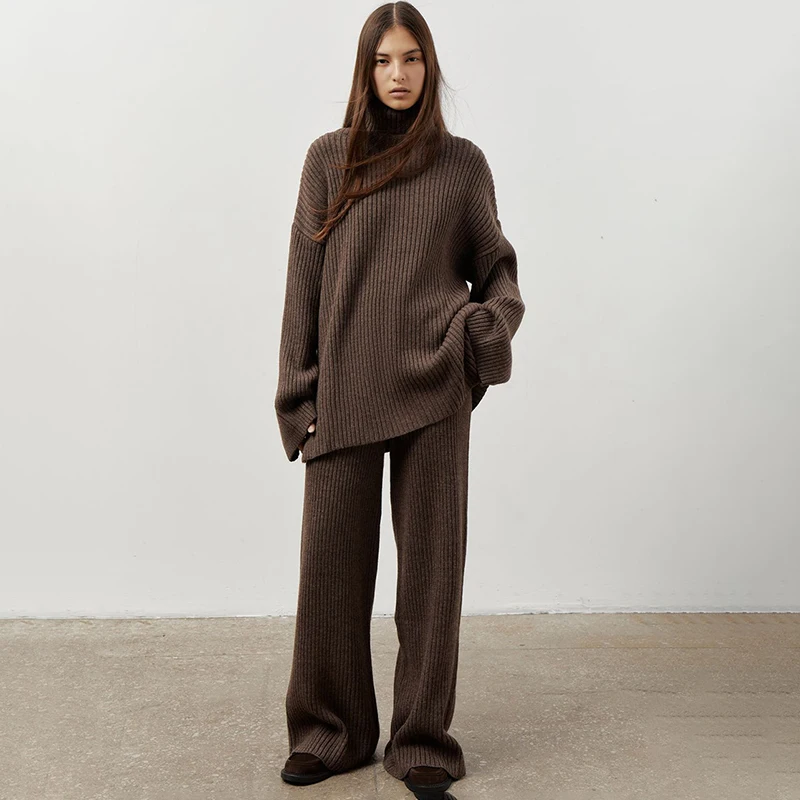 

TARUXY Fashion Knitting Long Pants Set Women's Ribbed Turtleneck Pullover Solid Wide-Leg Trousers 2025 Autumn Winter Casual Wear
