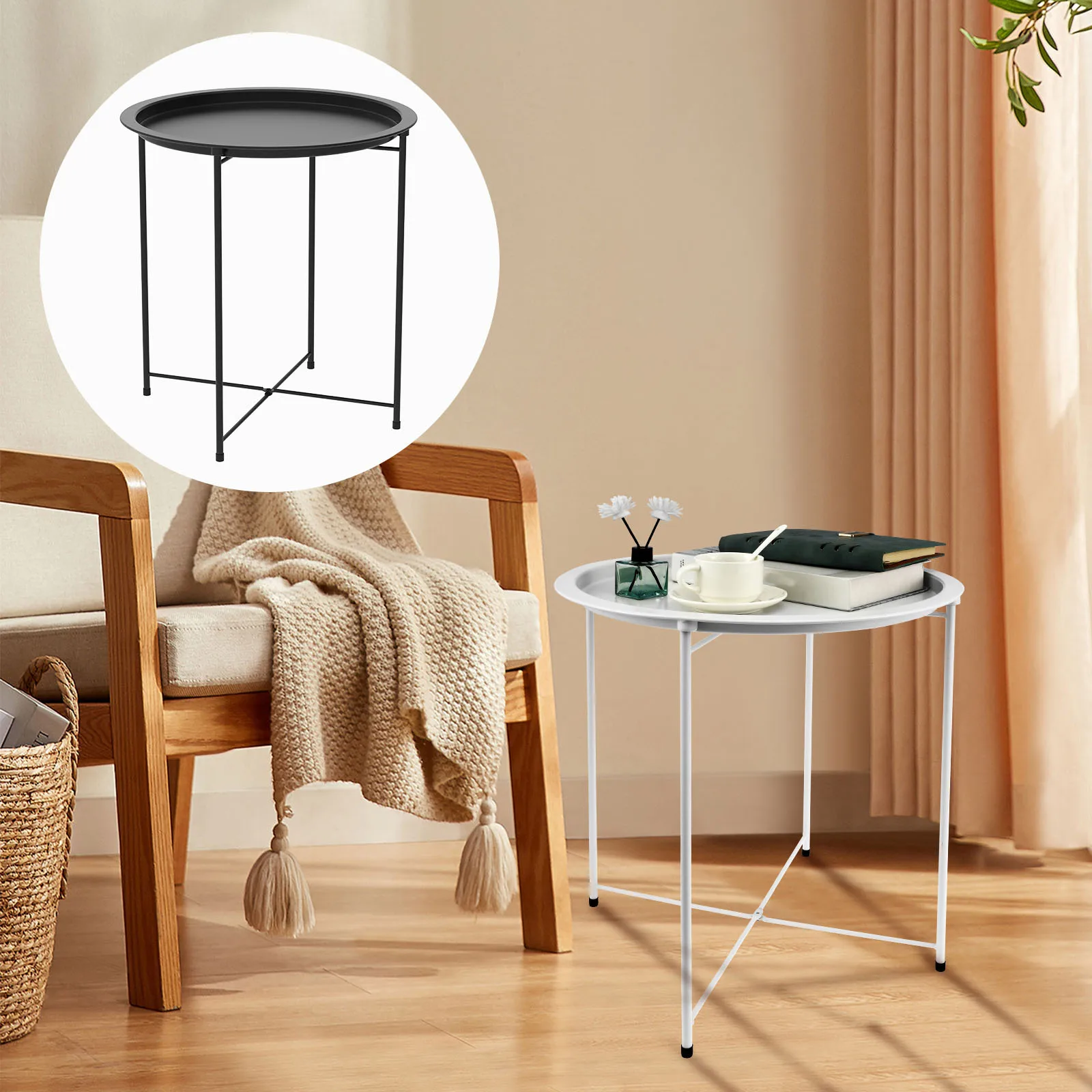 Side Table Metal Small Round Accent Table Collapsible Portable End Table for Small Spaces Space Saving Practical Side Table for