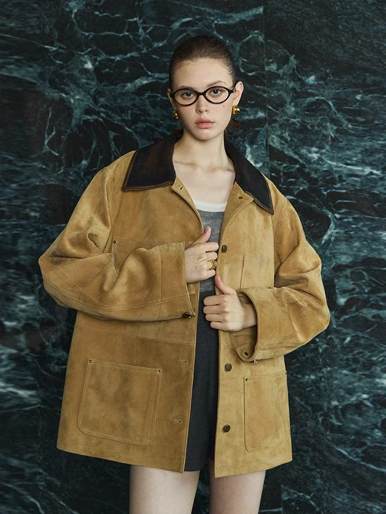 

Retro Casual Real Sheepskin Coat for Women Spring Autumn 2026 High-end Simple Contrast Lapel Design Suede Genuine Leather Jacket