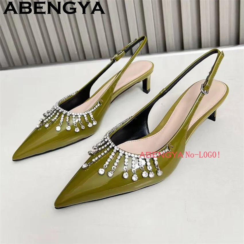 

Luxury Crystal Pendant Point Toe Kitten Heel Sandals Women Sexy Gladiator Slingback Sandals Summer Dress Party Shoes Woman 2025