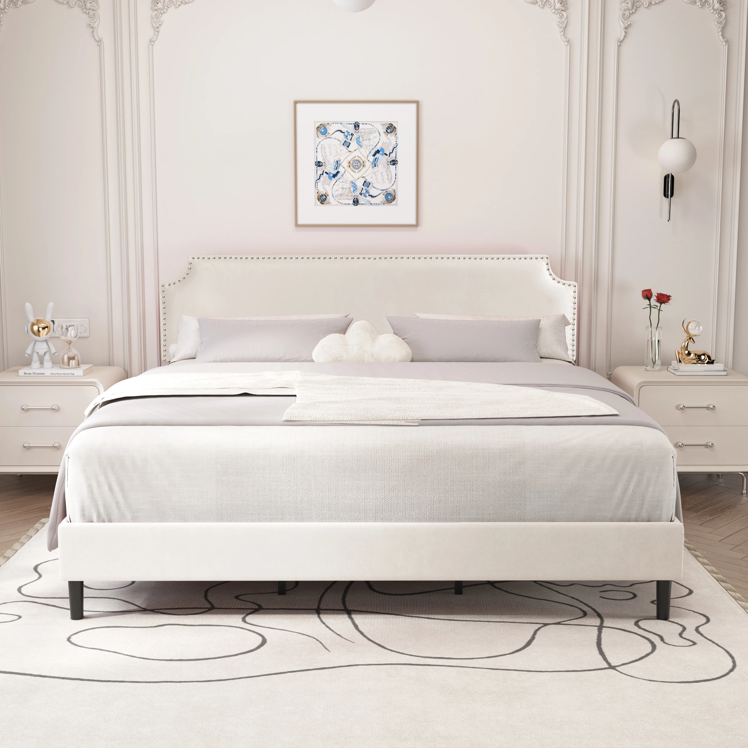 Upholstered Platform Bed Frame With Headboard With Button Tufting Solid Wood Slats Support No Box Spring Needed Easy Assembly