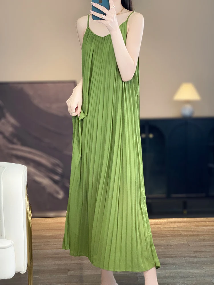 Verano acetato satén suelto n V-Ne plisado largo Dr Sexy Hada T cintura alta A-Line vestido para vacaciones Vaions