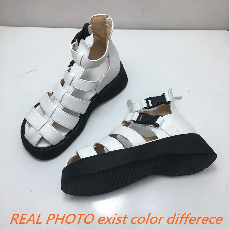 

SIMLOVEYO Women Shoes Sandals Round Toe Platform Flats Thick Heel Buckle Strap Rome Black White Leisure S3926