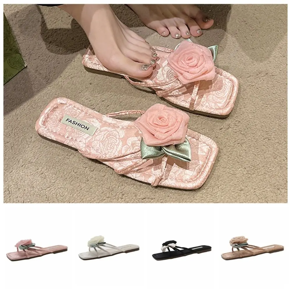 

Casual Sweet Flat Slippers Women Anti Slip Satin Silk Slides Sandals Beachwear Shoes Soft Sole Rose Flower Slippers Beachwear