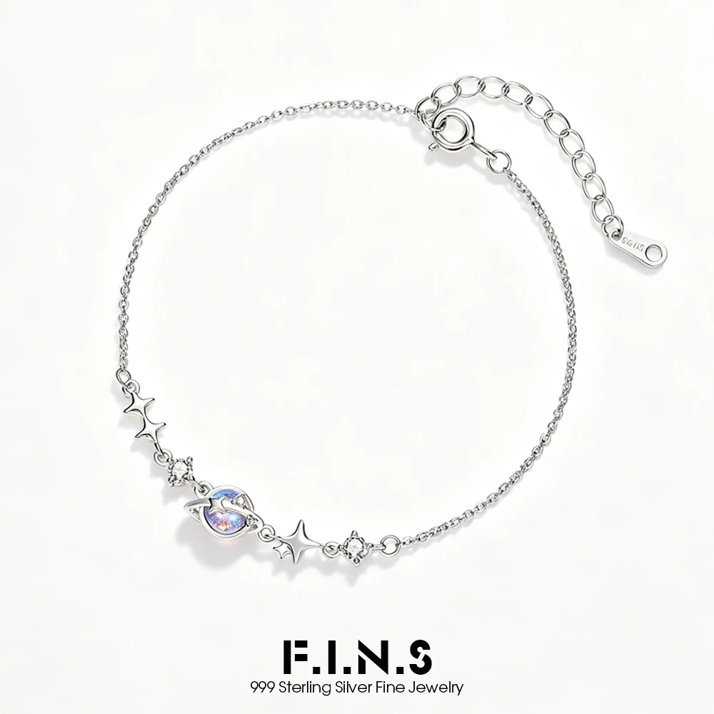 F.I.N.S Korean Style S999 Sterling Silver Iridescent Moonlight Glass Bracelet for Women Stars Thin Chain Adjustable Hand Jewels