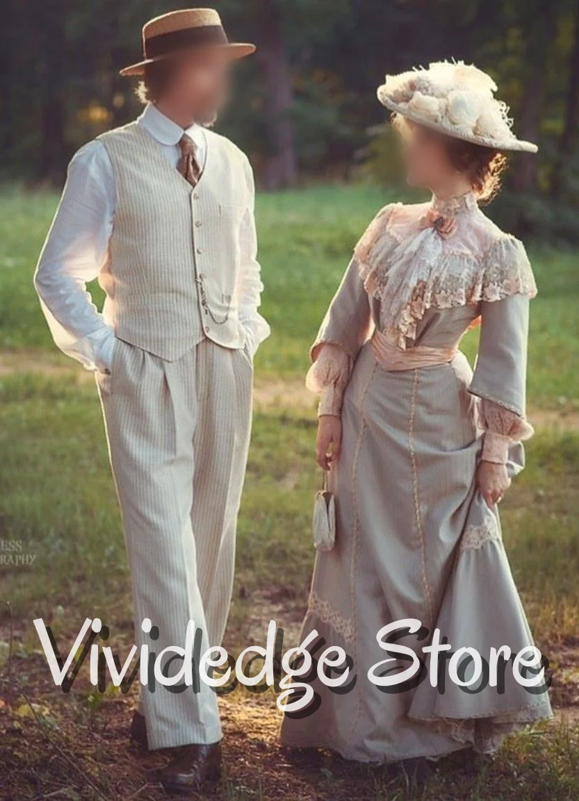 

Customized Historic Duchess Evening Dress Blue High Neck Long Sleeve Lace Ruffle Embellished A-Line Floor Length Ball Gowns