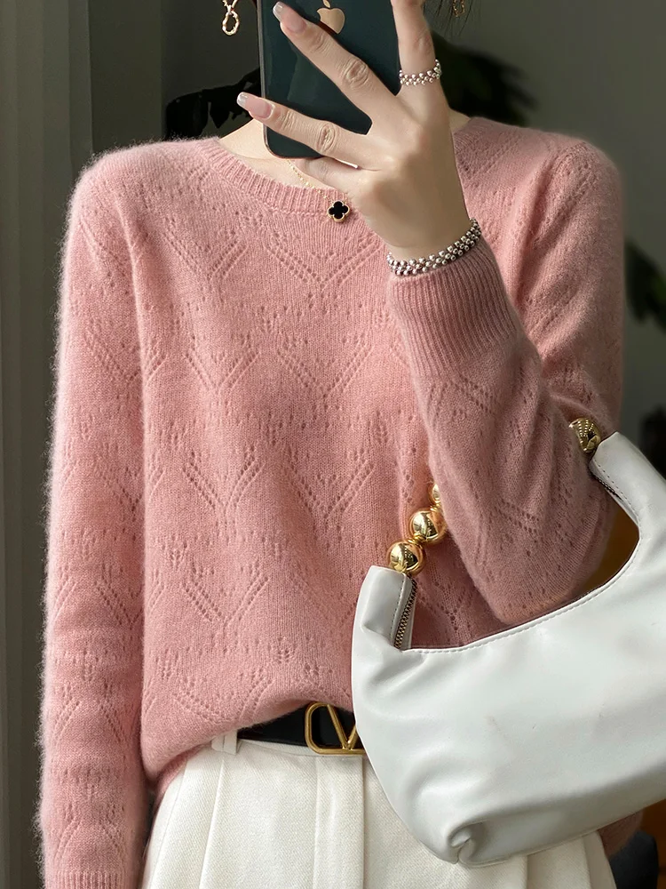 ADDONEE Women O-neck Pullover Sweater Hollow Out Long Sleeve Jumper 100% Merino Wool Knitwear Basic Casual Clothes Autumn Winter