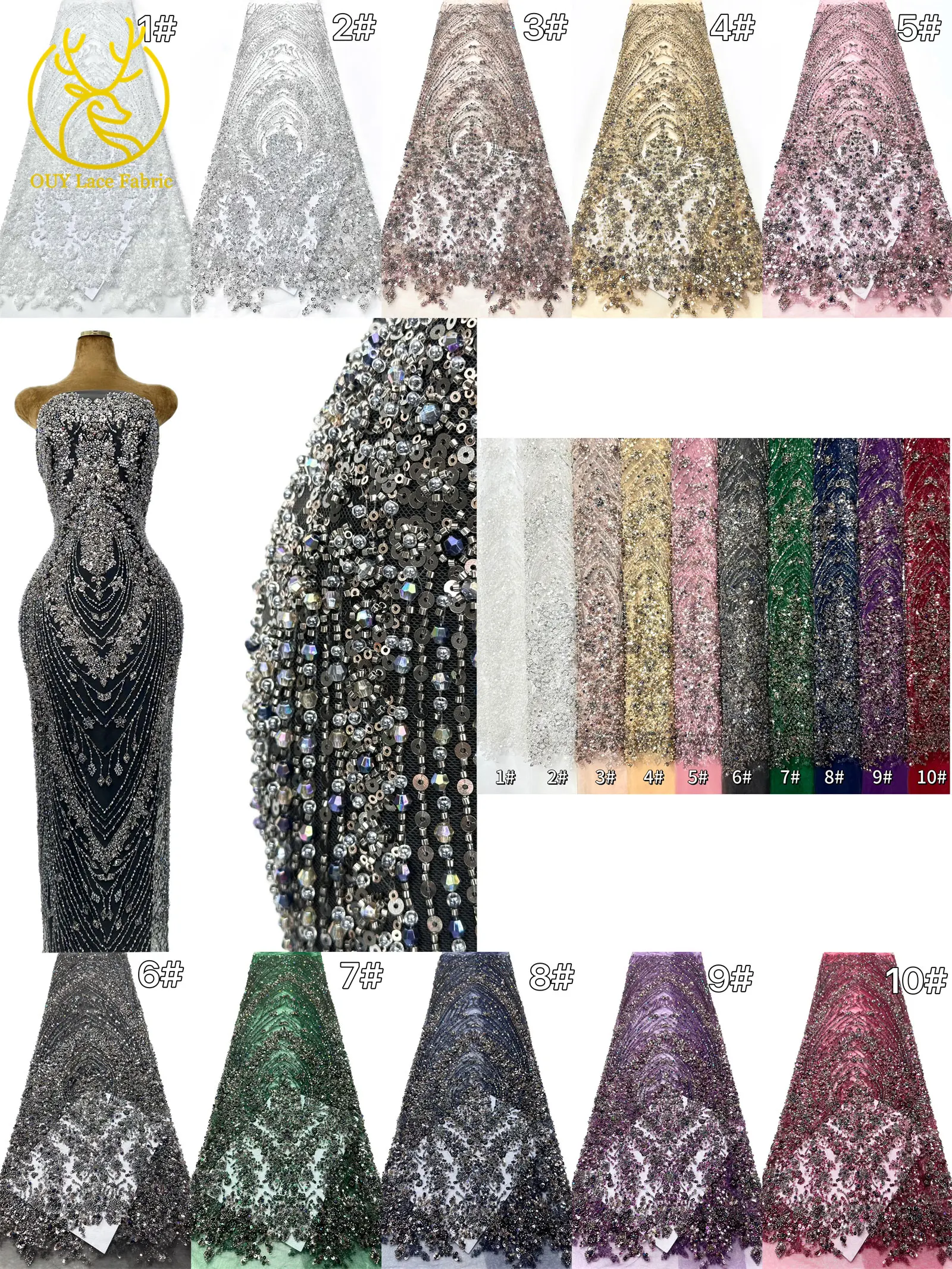 Schwarzer Luxuriöser Afrikanischer Handgefertigter Schwer Perlenverzierter Pailletten-Spitzenstoff 5 Yards Luxuriöser Französischer Tüll-Spitzenstoff für Partykleider – Detail 3