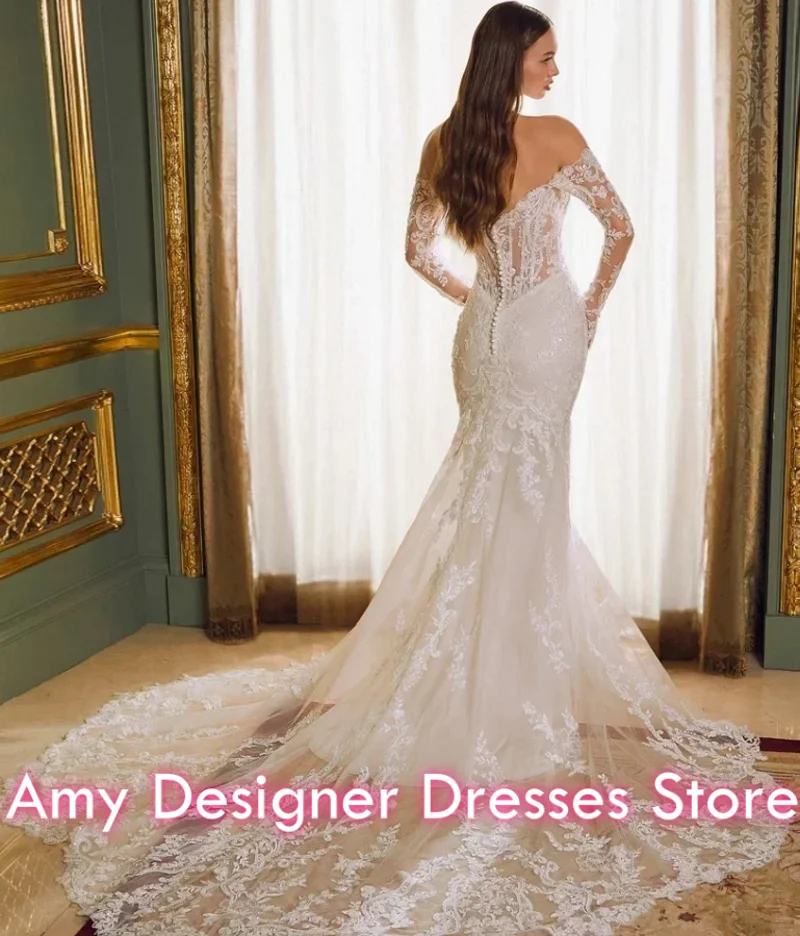 Modest Civil Sweetheart Wedding Dresses Off-the-shoulder Zipper Mermaid Print Sequins Court Train Lace Dress Customized