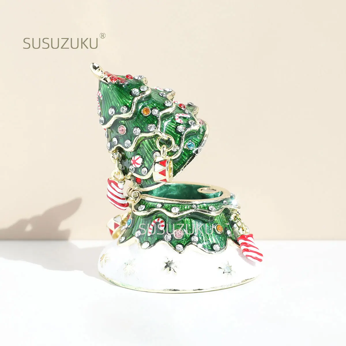 Hand Painted Enameled Christmas Tree Decorative Hinged Jewelry Trinket Box Unique Gift For Home Decor