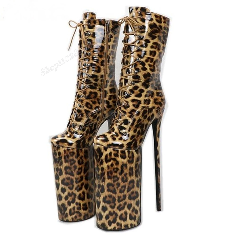 Leopard Pattern Platform Mid Calf Boots Cross Tied 30cm Stiletto High Heel Sexy Women Shoes 2024 Spring Zapatos Para Mujere