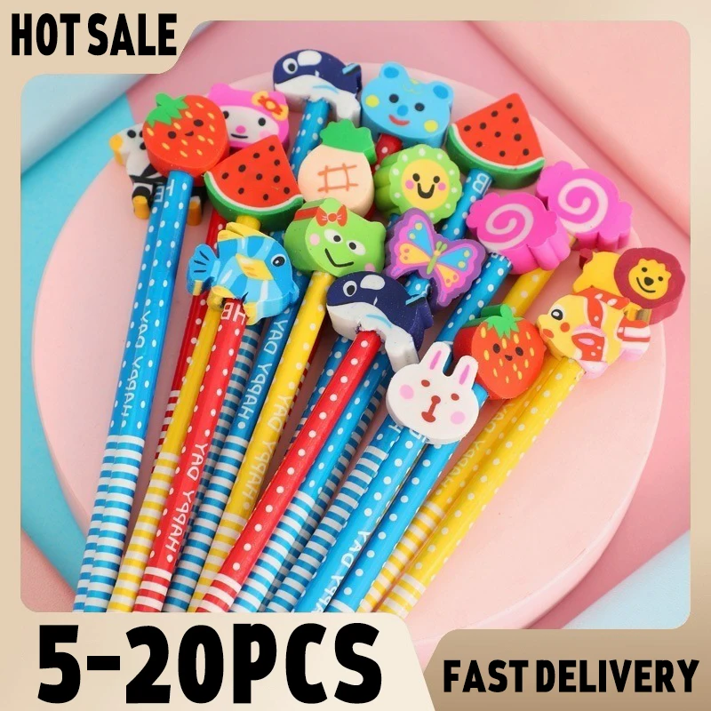 5-20pcs Cartoon With Eraser Pencil Cute And Creative Stationery Gifts For Kindergarten Pupils Office And School Supplies Hb