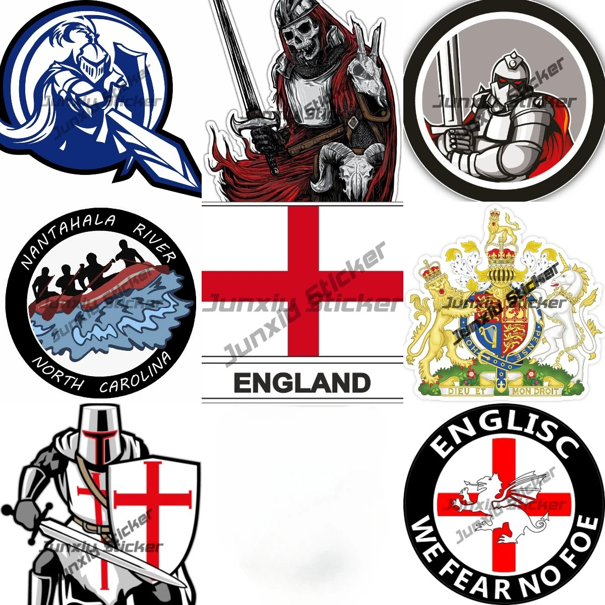 

England Flag Three Lions Euros Coat of Arms of Great Britain Sticker Knight Warrior Medieval Dragon Armor Sword Label England