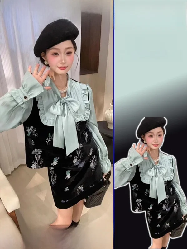 

Комплект из вышитой блузки с длинным рукавом и юбки для женщин: модный осенне-зимний ансамбль с V-образным вырезом и пэчворком