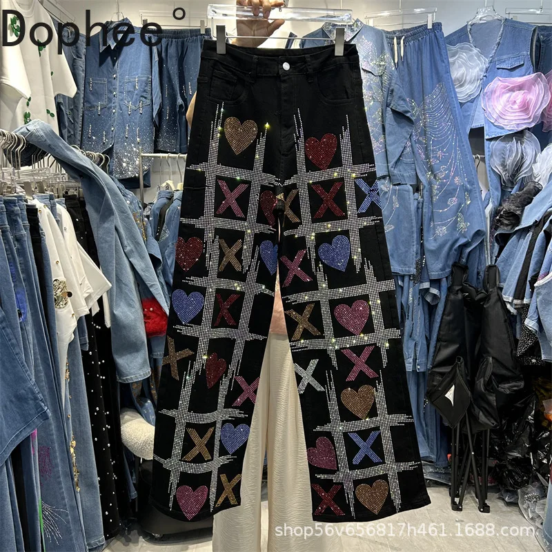 

American Street Luxury Love Hot Drilling Black Denim Trousers New Spring Autumn Fashionable Jeans Women Casual Straight Pants