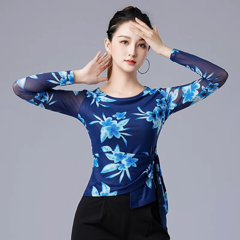 2024 New Fashion Blue Latin Dance Top Printing New Adult Women\'s Training Dance Modern National Standard Social Dance Clothing