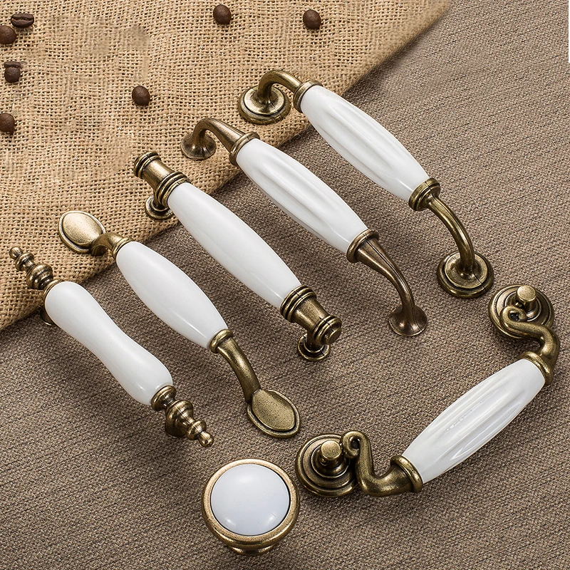 Antique Bronze White Ceramic Cabinet Handles Zinc Alloy Drawer knobs Wardrobe Door Handle Simple European Furniture Hardware