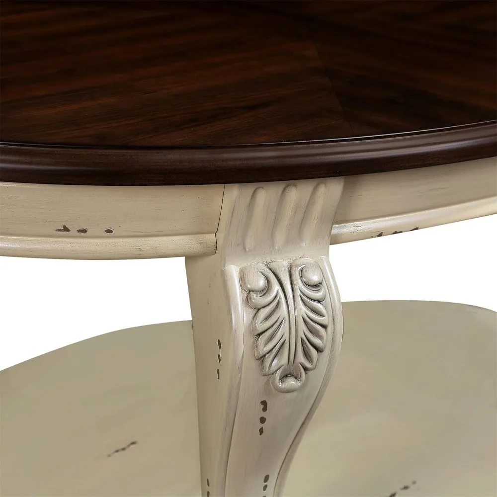 Vintage 3-delige ovale salontafelset met gesneden houten poten, woonkamermeubilair in antieke stijl in beige en espresso-afwerking