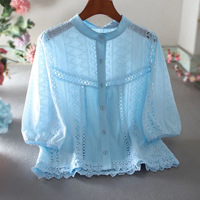 Women's Spring Summer Flower Embroidery Hollow Out Shirt Female Vintage Loose Casual Plus Size Cotton Shirt Blouse TB2738