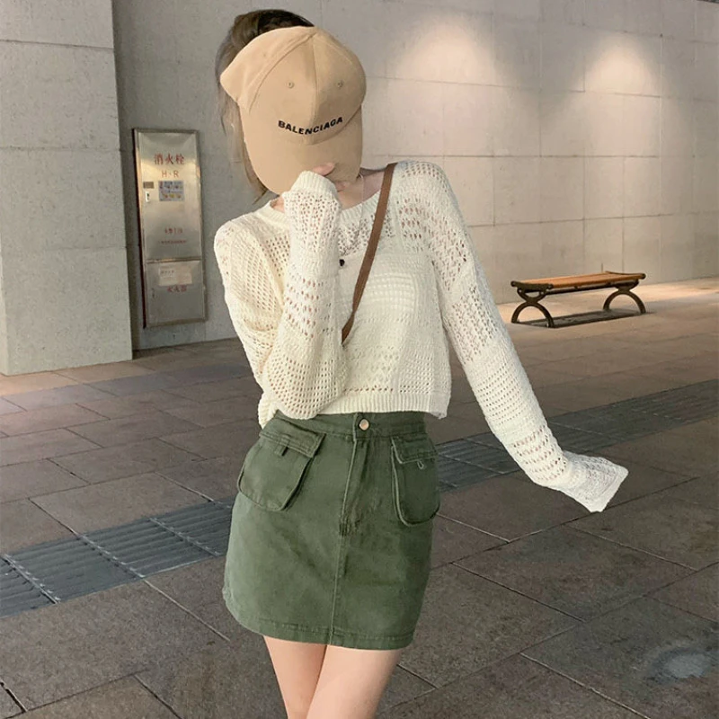 

Pullovers Women Cropped Hollow Out Design Thin Summer Sun-proof Elegant Fashion Casual Holiday Tender Sexy Girlish Retro Sweet