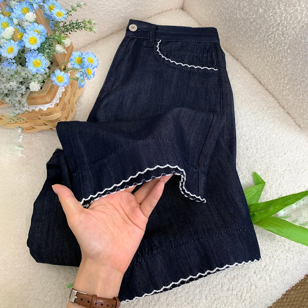

Women Thin Dark Blue Denim Pants 2025 New Summer Oversized Casual Loose High Waist Jeans Lace Edge Straight Leg Trousers