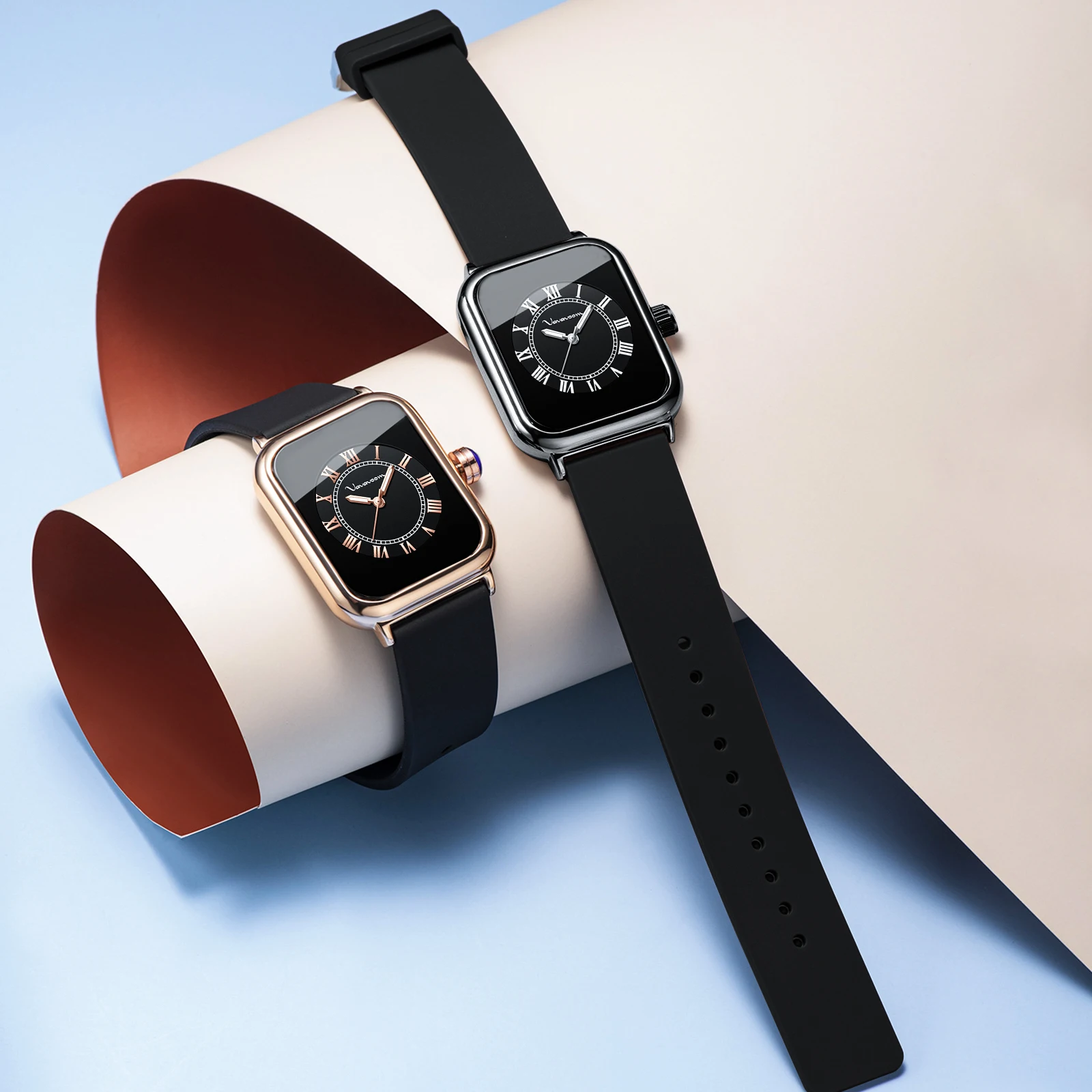 2024 New Women\'s Square Watch Fashion Silicone Strap Simulated Smart Dial 35mm Black Rose Gold Quartz Movement Girls Gift Watch