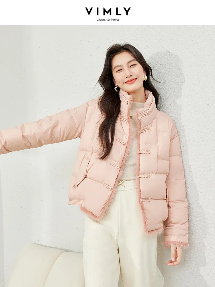 Vimly Women Short Puffer Down Jacket Stand Collar Warm Thick Winter Simple Coats Fashion Luxury Overcoat Ladies Clothing 50300