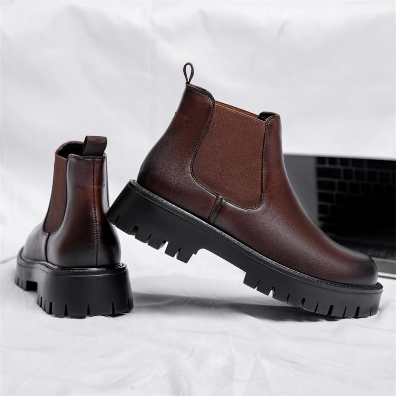 Men Platform Short Chelsea Boots British Style Microfiber Leather Autumn Winter