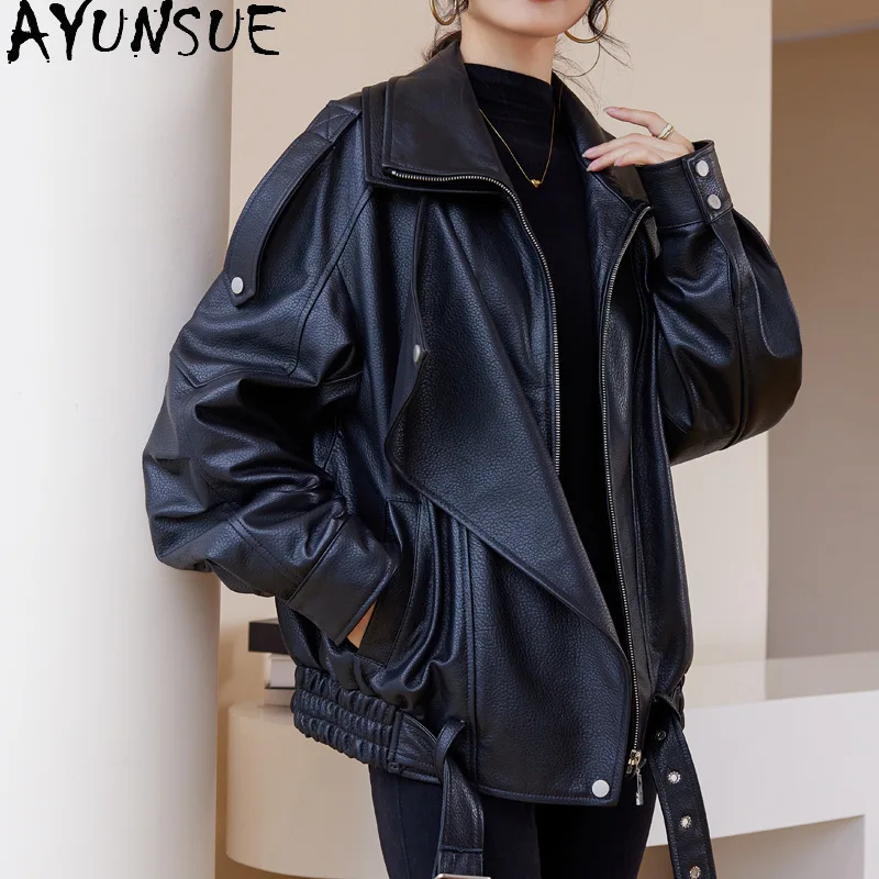 AYUNSUE Echt Leder Jacke Frauen 2025, Schwarz Schaffell Motorrad Jacken Frühling Herbst Kleidung Frauen Lose Fit Jaqueta De Couro