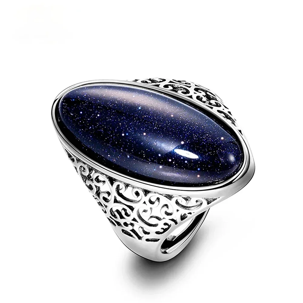 Anillos de plata de ley 925 para mujer, joyería fina Vintage, Aventurina azul turquesa, anillo de dedo ahuecado, regalo elegante