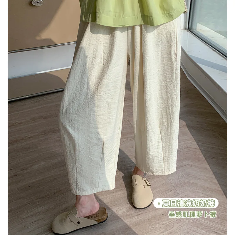 

Бабушкины брюки в японском стиле, женская летняя одежда2025, повседневные широкие шаровары с прямыми штанинами для миниатюрных женщин, конические брюки из ледяного шелка