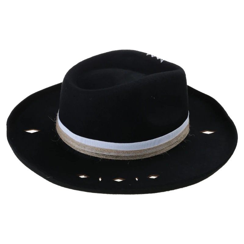 S1Y1 Distressed Panama Hat Woven Belt Stage Hat Unisex Theme Party Costume Wool Hat