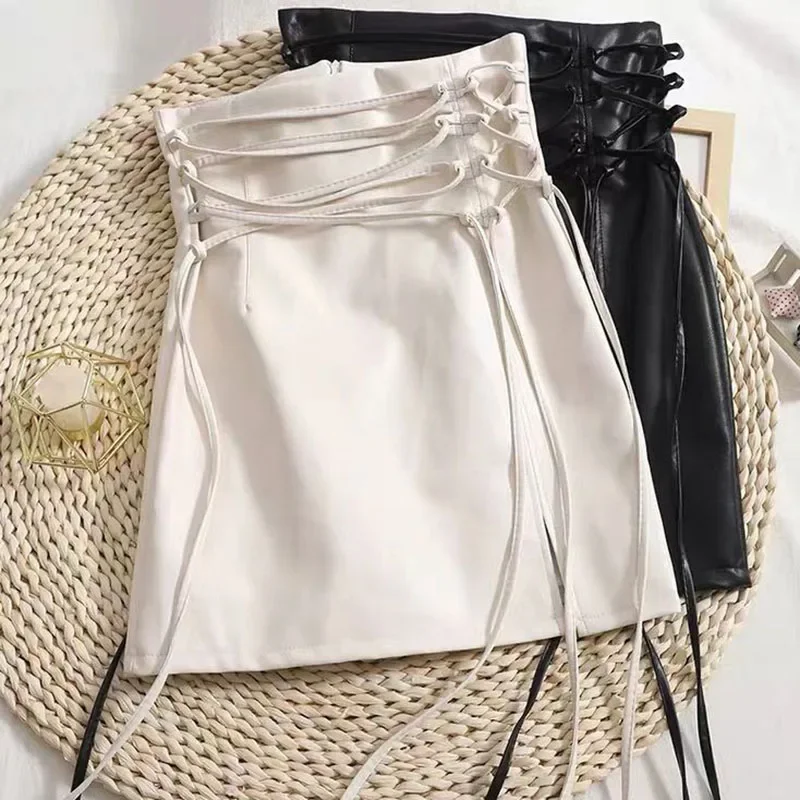 Zwart Lederen Mini Rokken Vrouwen Gothic Hoge Taille Slim Fit Veterkokerrok Dames Sexy Club Back Rits Split Tas Heup Rok